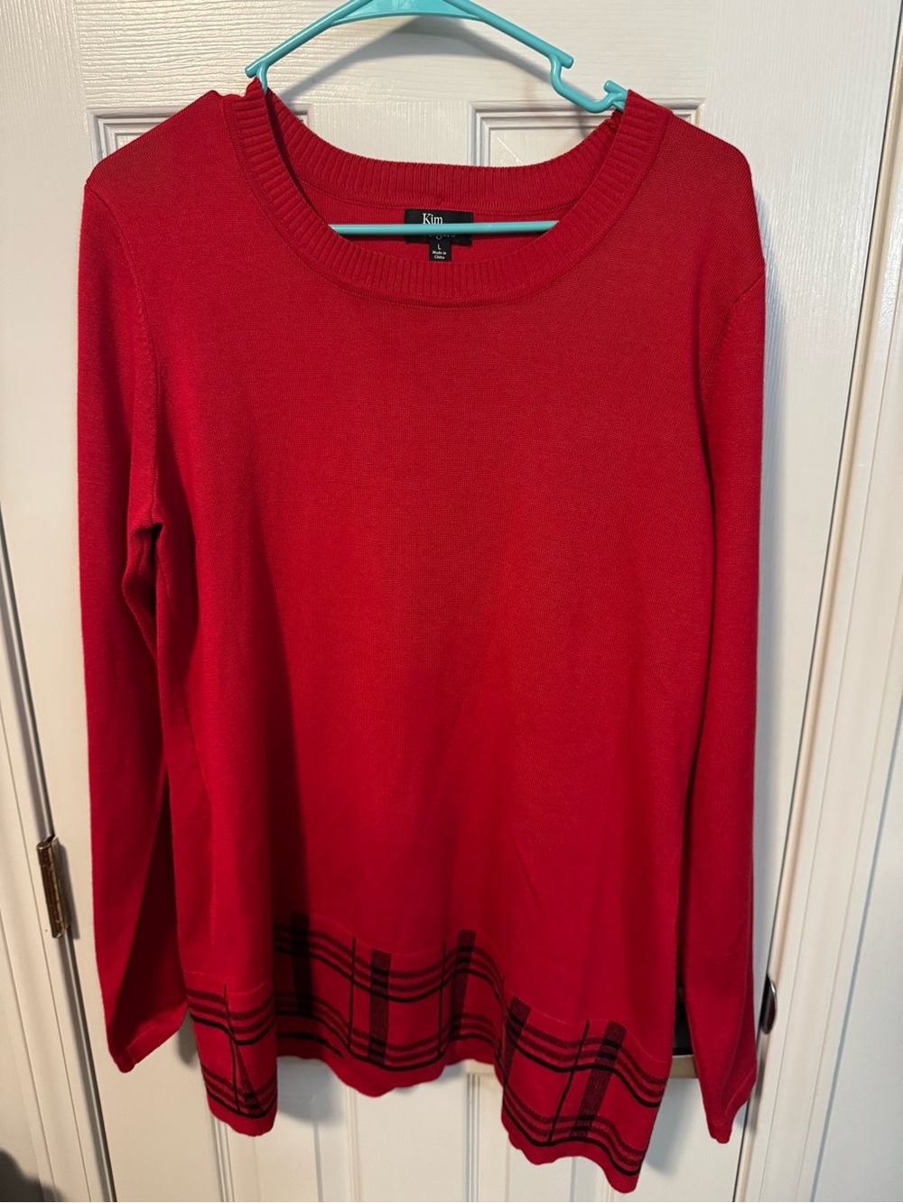 Kim Rogers Red Long-Sleeve Crewneck Tunic with Black Plaid Hem NWOT